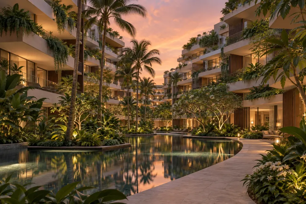 A landscaped courtyard and pool between garden residences at sunset