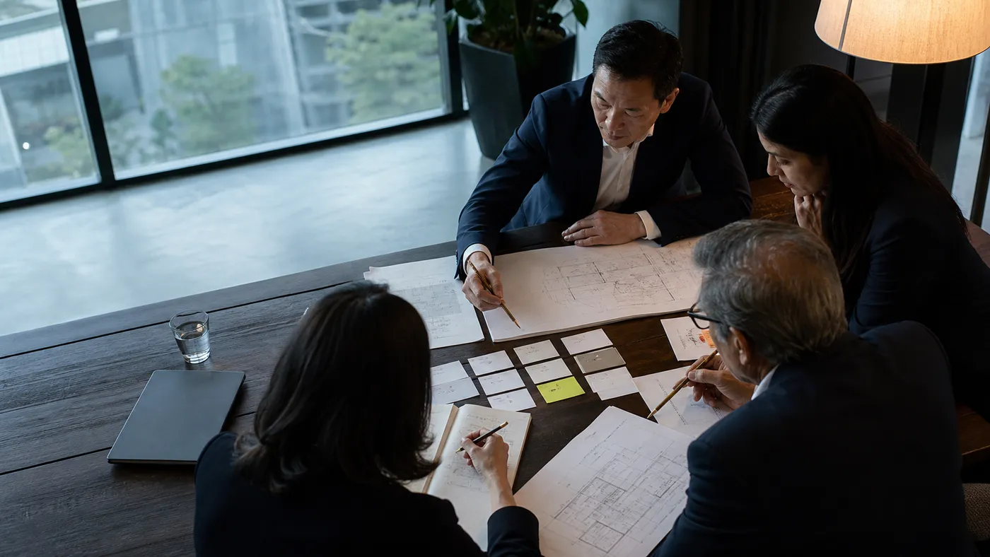 A team comparing notes and plans during a working conversation