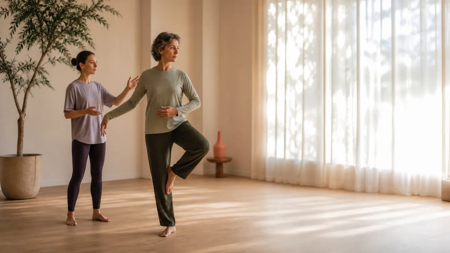 A practitioner supporting a visitor through a balance movement in the studio