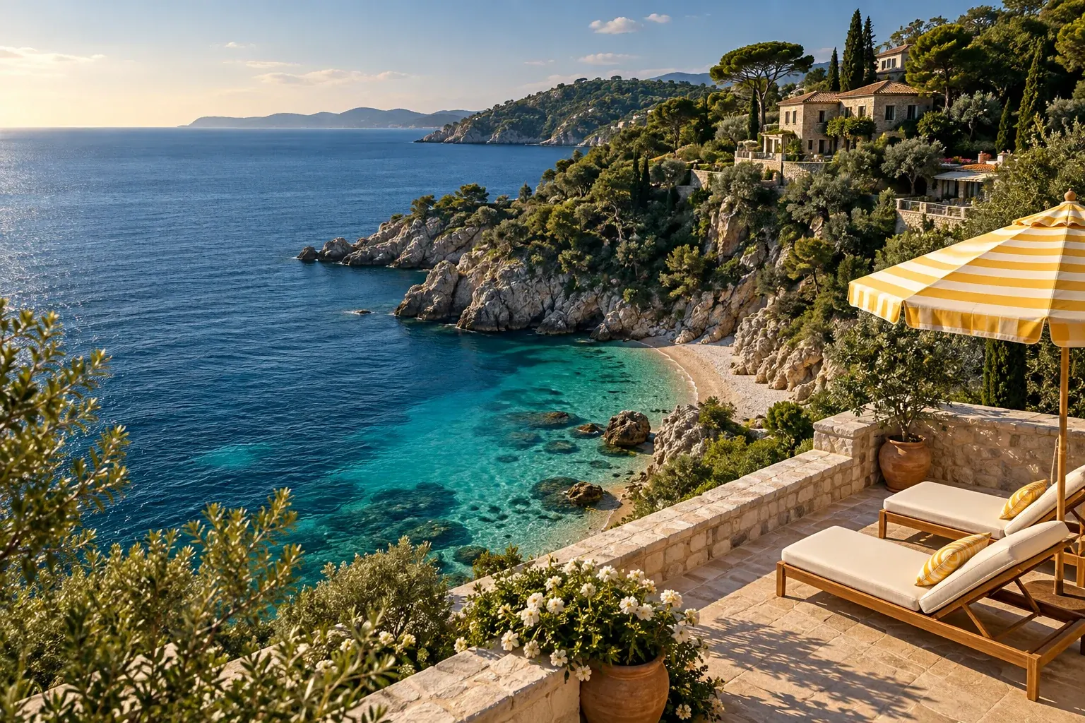 A sunlit bay with clear water, stone terraces and a yellow striped parasol