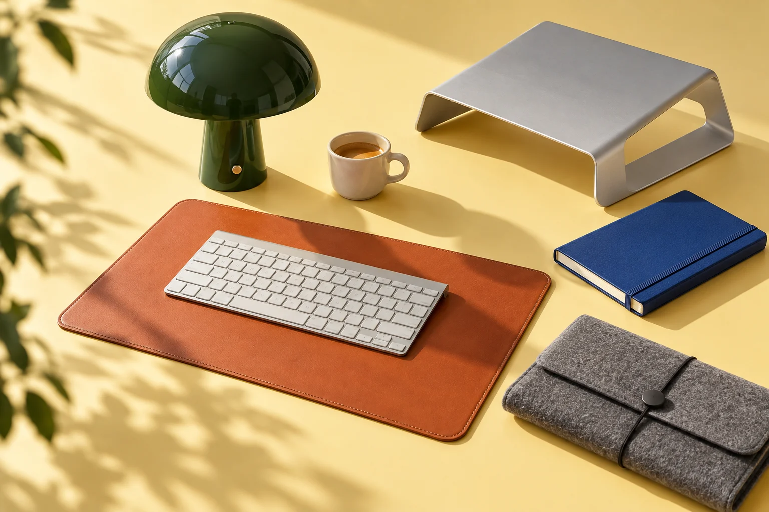 A warm desk with a moss lamp, orange mat and everyday objects