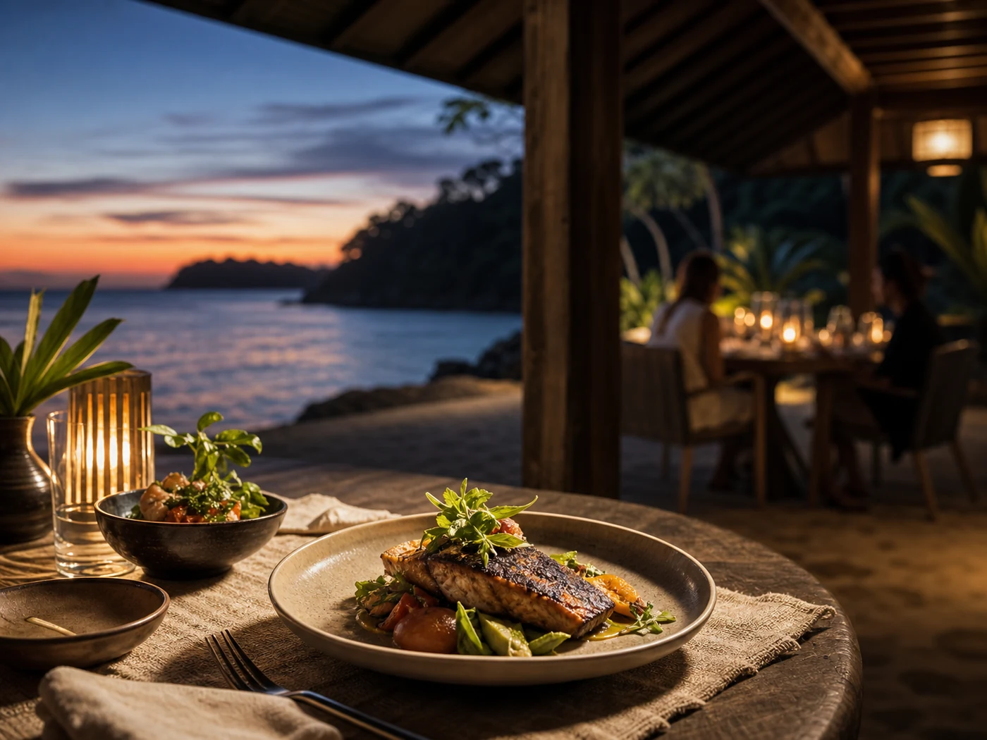 An evening table overlooking the bay at sunset