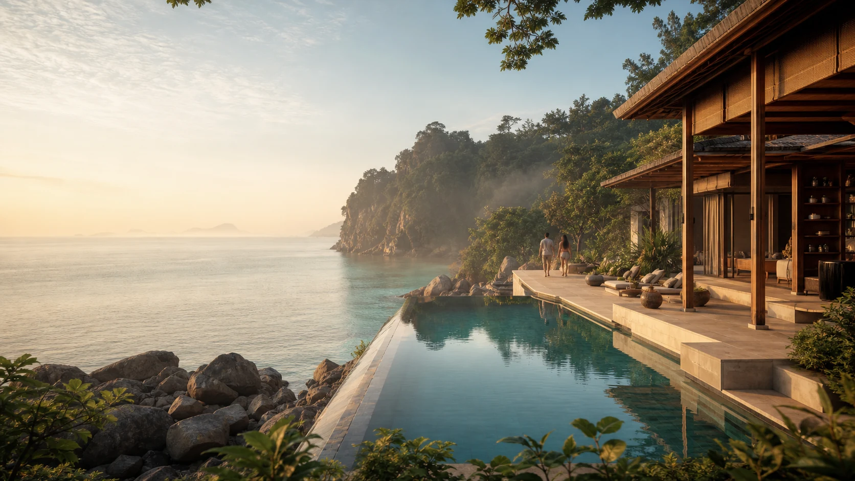 Coastal pavilions and a pool framed by planting
